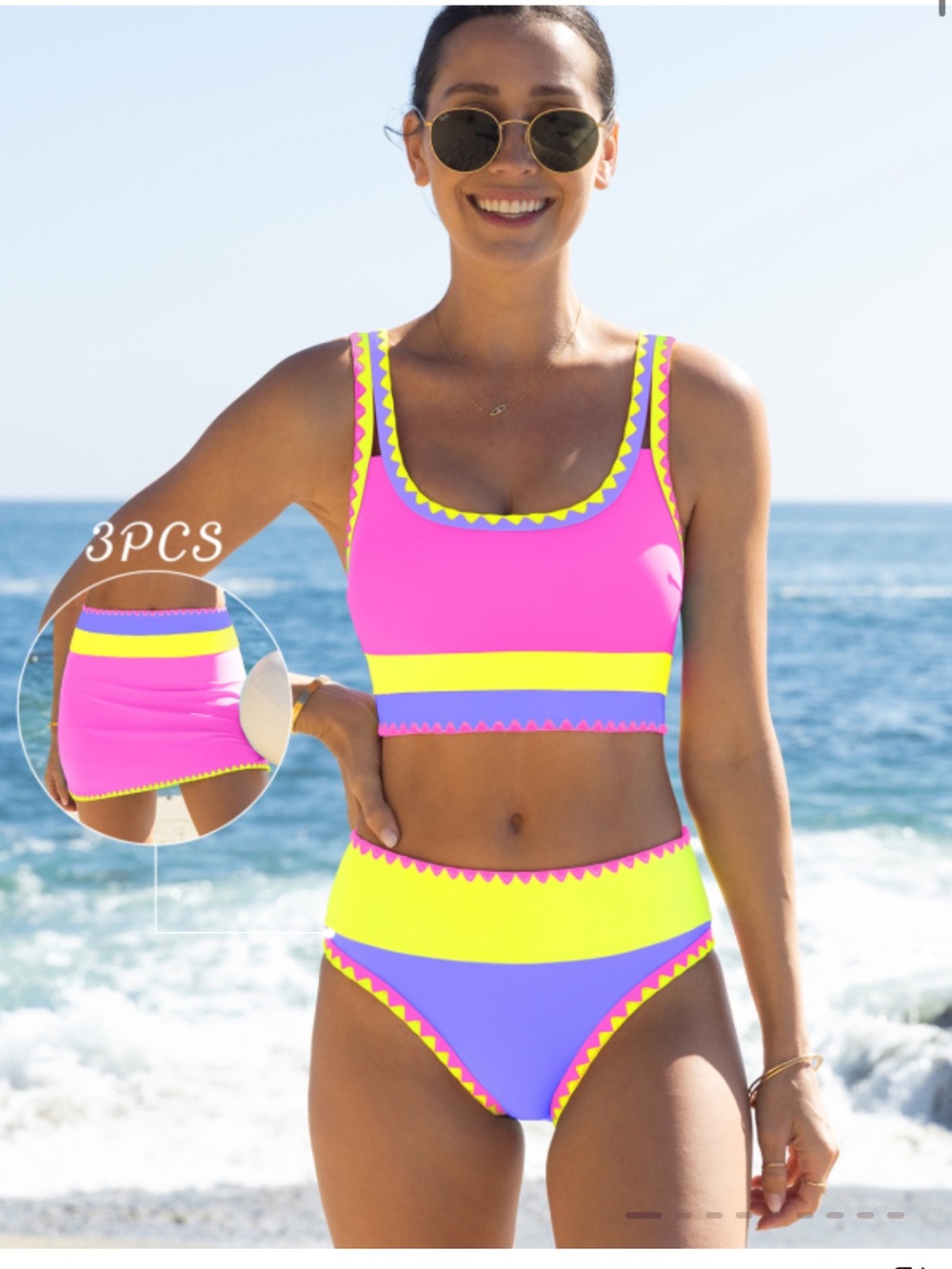 Pink and Yellow Three Piece Swim Set with Skirt Popvil
